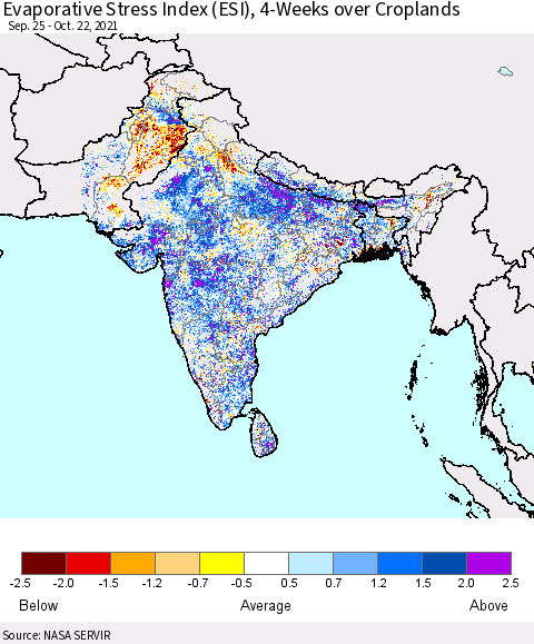 Southern Asia Evaporative Stress Index (ESI), 4-Weeks over Croplands Thematic Map For 10/18/2021 - 10/24/2021