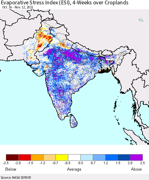 Southern Asia Evaporative Stress Index (ESI), 4-Weeks over Croplands Thematic Map For 11/8/2021 - 11/14/2021