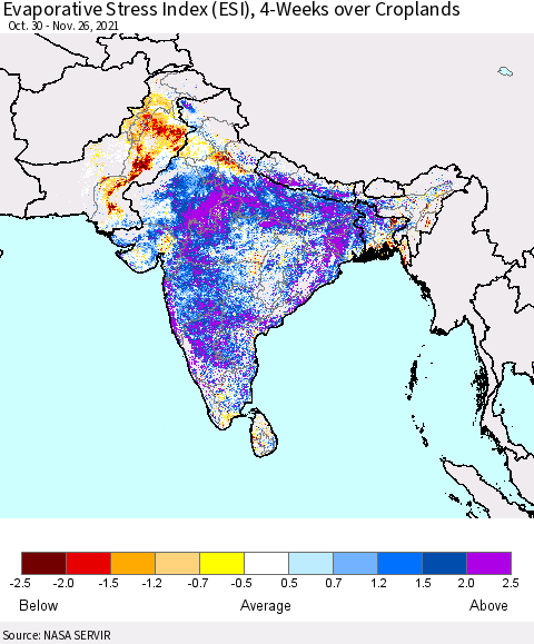 Southern Asia Evaporative Stress Index (ESI), 4-Weeks over Croplands Thematic Map For 11/22/2021 - 11/28/2021
