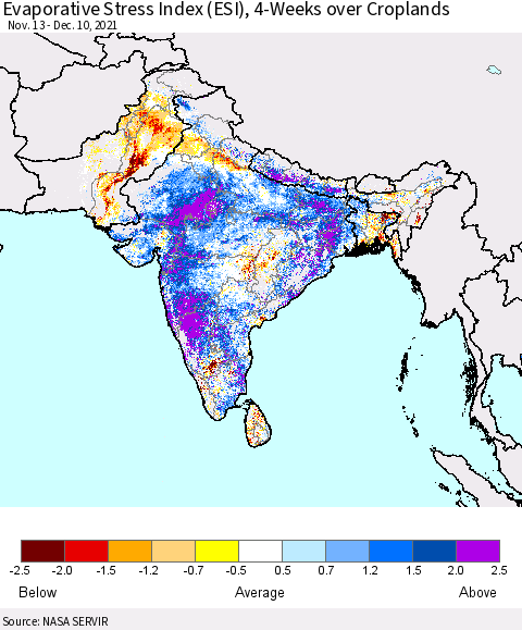 Southern Asia Evaporative Stress Index (ESI), 4-Weeks over Croplands Thematic Map For 12/6/2021 - 12/12/2021