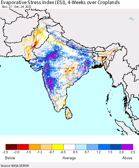 Southern Asia Evaporative Stress Index (ESI), 4-Weeks over Croplands Thematic Map For 12/20/2021 - 12/26/2021