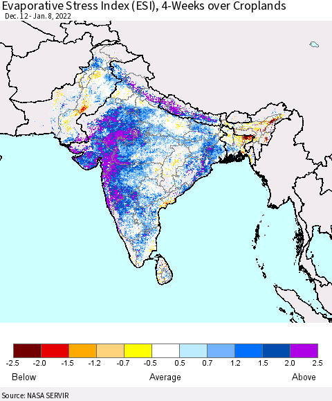 Southern Asia Evaporative Stress Index (ESI), 4-Weeks over Croplands Thematic Map For 1/3/2022 - 1/9/2022