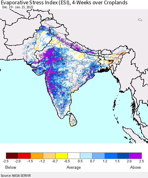 Southern Asia Evaporative Stress Index (ESI), 4-Weeks over Croplands Thematic Map For 1/10/2022 - 1/16/2022