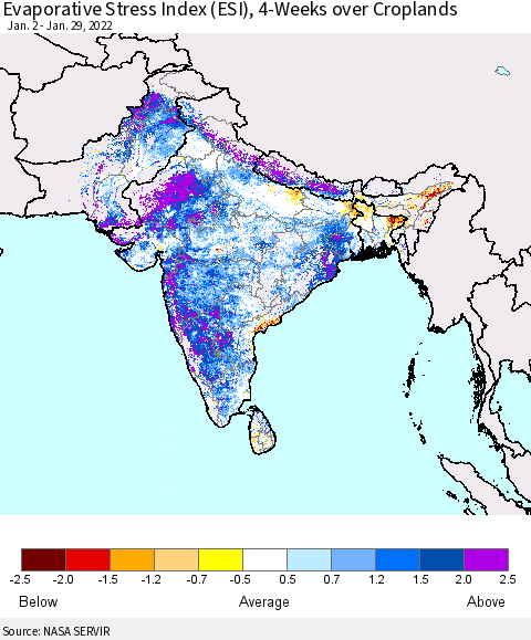 Southern Asia Evaporative Stress Index (ESI), 4-Weeks over Croplands Thematic Map For 1/24/2022 - 1/30/2022