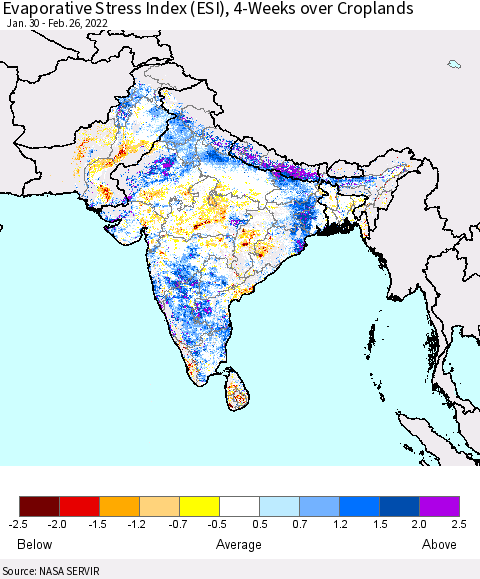 Southern Asia Evaporative Stress Index (ESI), 4-Weeks over Croplands Thematic Map For 2/21/2022 - 2/27/2022