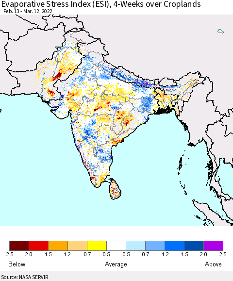 Southern Asia Evaporative Stress Index (ESI), 4-Weeks over Croplands Thematic Map For 3/7/2022 - 3/13/2022