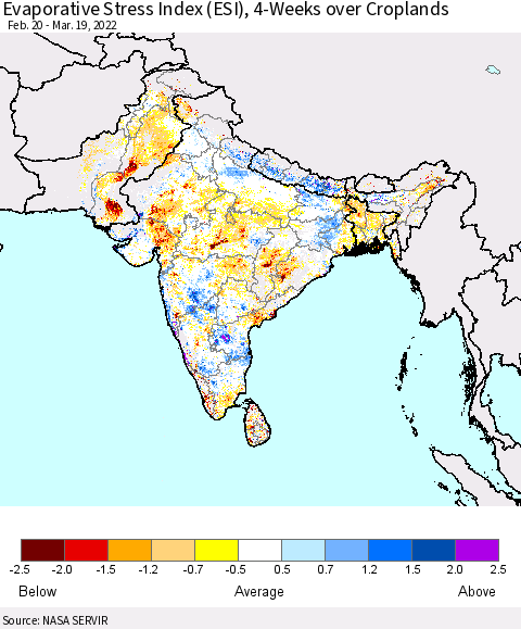 Southern Asia Evaporative Stress Index (ESI), 4-Weeks over Croplands Thematic Map For 3/14/2022 - 3/20/2022