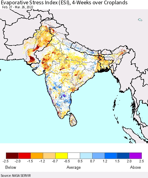 Southern Asia Evaporative Stress Index (ESI), 4-Weeks over Croplands Thematic Map For 3/21/2022 - 3/27/2022