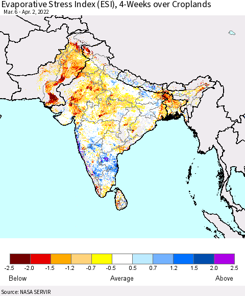 Southern Asia Evaporative Stress Index (ESI), 4-Weeks over Croplands Thematic Map For 3/28/2022 - 4/3/2022