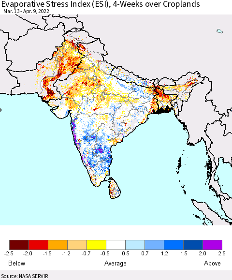 Southern Asia Evaporative Stress Index (ESI), 4-Weeks over Croplands Thematic Map For 4/4/2022 - 4/10/2022