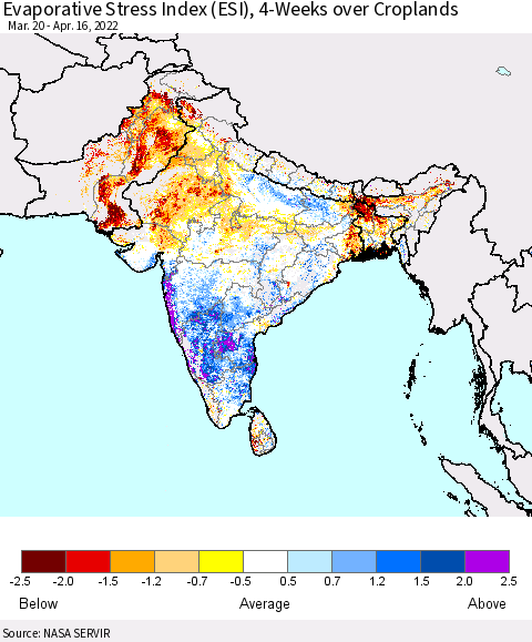 Southern Asia Evaporative Stress Index (ESI), 4-Weeks over Croplands Thematic Map For 4/11/2022 - 4/17/2022