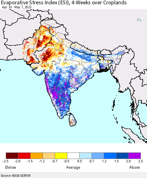 Southern Asia Evaporative Stress Index (ESI), 4-Weeks over Croplands Thematic Map For 5/2/2022 - 5/8/2022