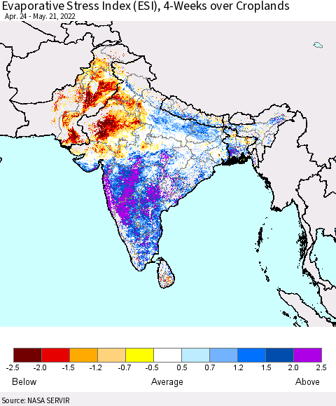 Southern Asia Evaporative Stress Index (ESI), 4-Weeks over Croplands Thematic Map For 5/16/2022 - 5/22/2022
