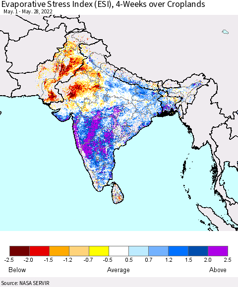 Southern Asia Evaporative Stress Index (ESI), 4-Weeks over Croplands Thematic Map For 5/23/2022 - 5/29/2022