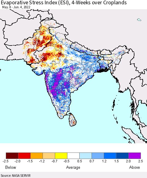 Southern Asia Evaporative Stress Index (ESI), 4-Weeks over Croplands Thematic Map For 5/30/2022 - 6/5/2022