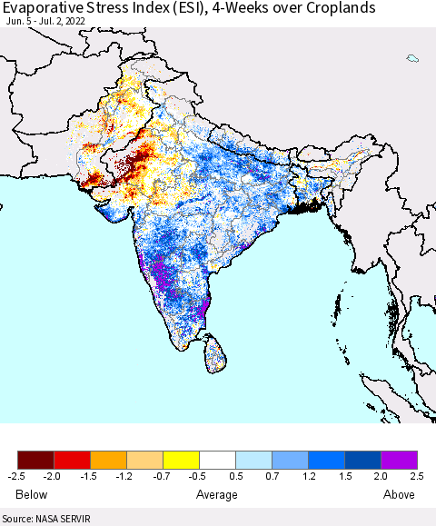 Southern Asia Evaporative Stress Index (ESI), 4-Weeks over Croplands Thematic Map For 6/27/2022 - 7/3/2022