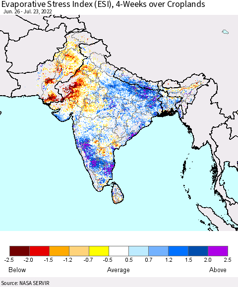Southern Asia Evaporative Stress Index (ESI), 4-Weeks over Croplands Thematic Map For 7/18/2022 - 7/24/2022