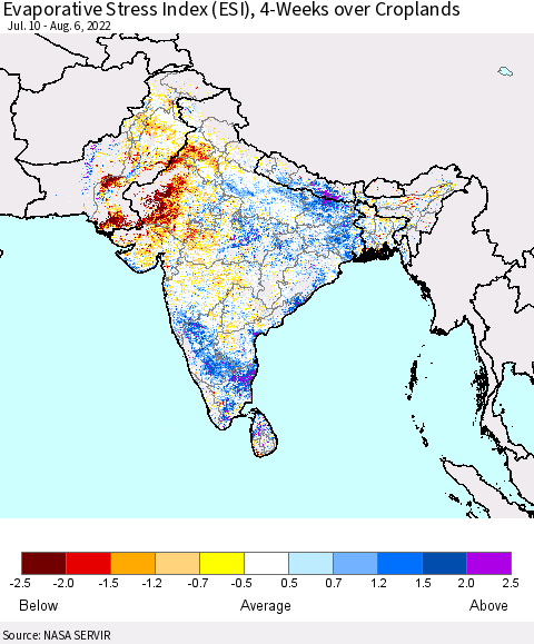 Southern Asia Evaporative Stress Index (ESI), 4-Weeks over Croplands Thematic Map For 8/1/2022 - 8/7/2022
