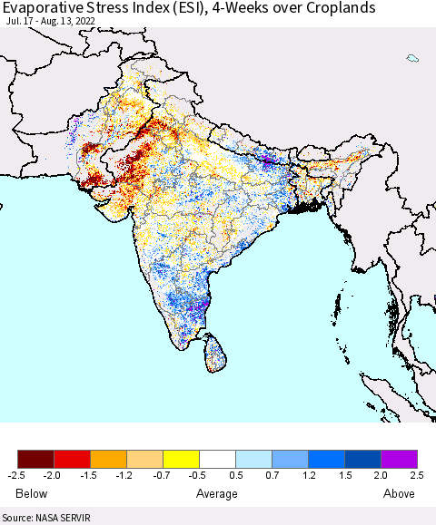 Southern Asia Evaporative Stress Index (ESI), 4-Weeks over Croplands Thematic Map For 8/8/2022 - 8/14/2022