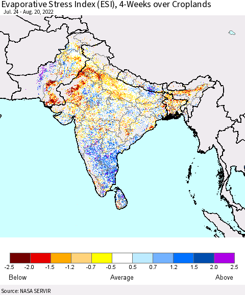 Southern Asia Evaporative Stress Index (ESI), 4-Weeks over Croplands Thematic Map For 8/15/2022 - 8/21/2022