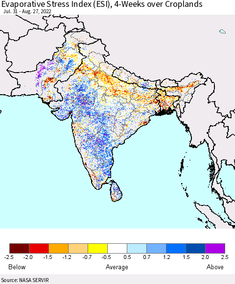 Southern Asia Evaporative Stress Index (ESI), 4-Weeks over Croplands Thematic Map For 8/22/2022 - 8/28/2022