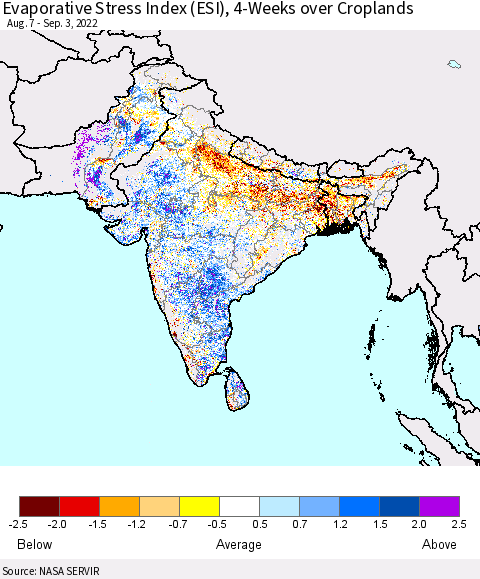 Southern Asia Evaporative Stress Index (ESI), 4-Weeks over Croplands Thematic Map For 8/29/2022 - 9/4/2022