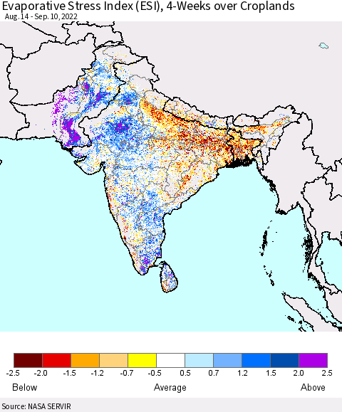 Southern Asia Evaporative Stress Index (ESI), 4-Weeks over Croplands Thematic Map For 9/5/2022 - 9/11/2022