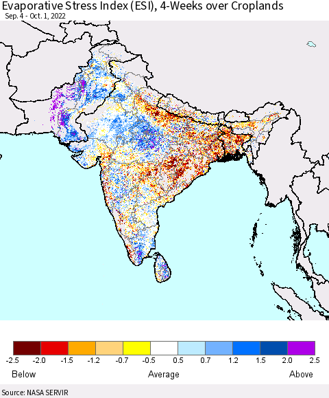 Southern Asia Evaporative Stress Index (ESI), 4-Weeks over Croplands Thematic Map For 9/26/2022 - 10/2/2022