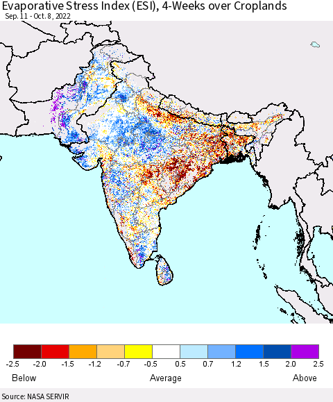 Southern Asia Evaporative Stress Index (ESI), 4-Weeks over Croplands Thematic Map For 10/3/2022 - 10/9/2022