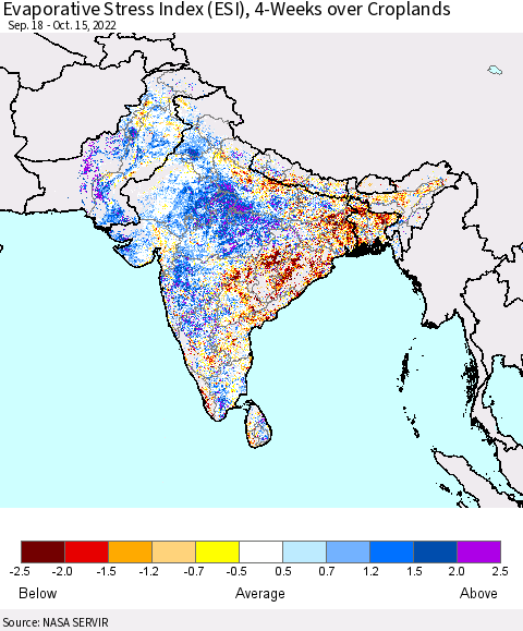 Southern Asia Evaporative Stress Index (ESI), 4-Weeks over Croplands Thematic Map For 10/10/2022 - 10/16/2022