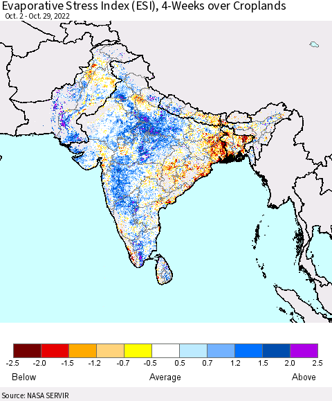 Southern Asia Evaporative Stress Index (ESI), 4-Weeks over Croplands Thematic Map For 10/24/2022 - 10/30/2022