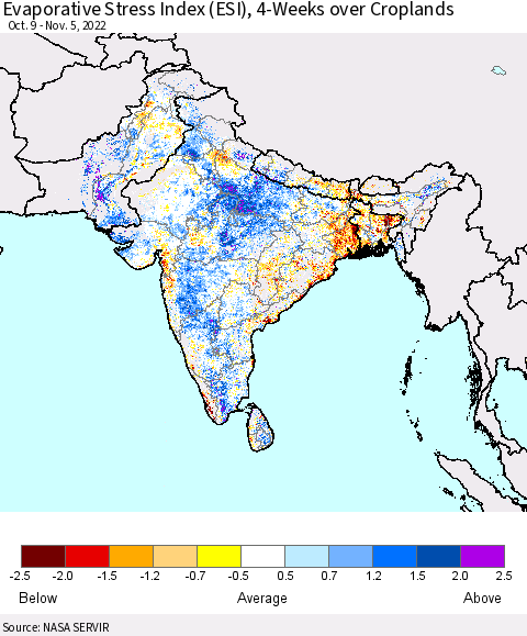 Southern Asia Evaporative Stress Index (ESI), 4-Weeks over Croplands Thematic Map For 10/31/2022 - 11/6/2022