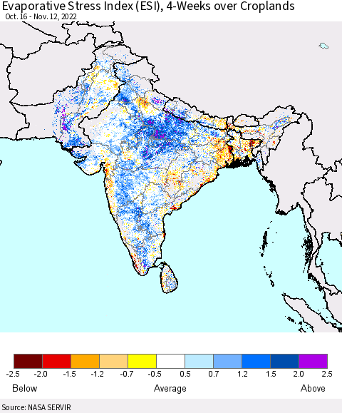 Southern Asia Evaporative Stress Index (ESI), 4-Weeks over Croplands Thematic Map For 11/7/2022 - 11/13/2022