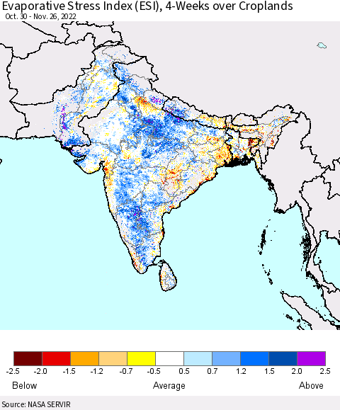 Southern Asia Evaporative Stress Index (ESI), 4-Weeks over Croplands Thematic Map For 11/21/2022 - 11/27/2022