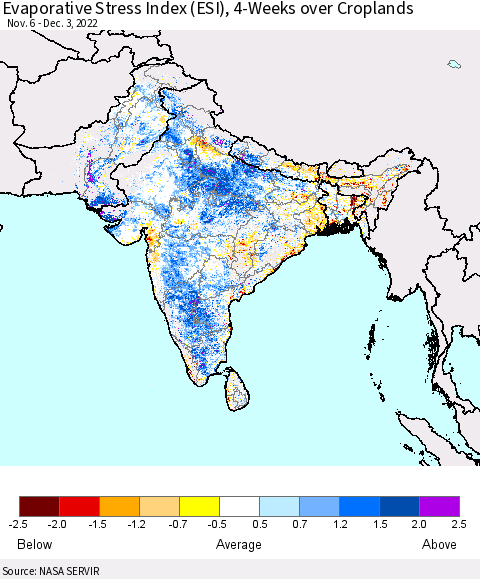 Southern Asia Evaporative Stress Index (ESI), 4-Weeks over Croplands Thematic Map For 11/28/2022 - 12/4/2022