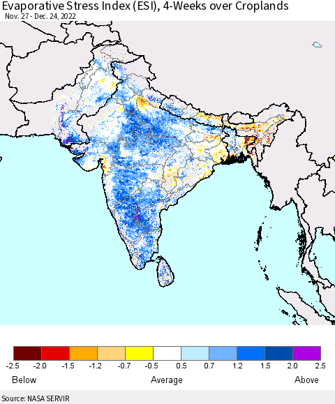 Southern Asia Evaporative Stress Index (ESI), 4-Weeks over Croplands Thematic Map For 12/19/2022 - 12/25/2022