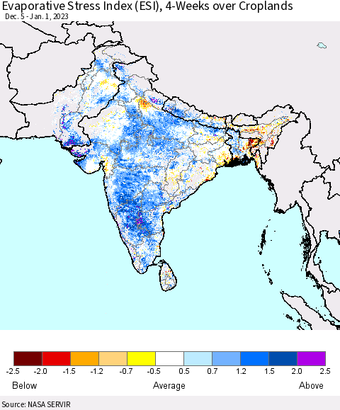 Southern Asia Evaporative Stress Index (ESI), 4-Weeks over Croplands Thematic Map For 12/26/2022 - 1/1/2023
