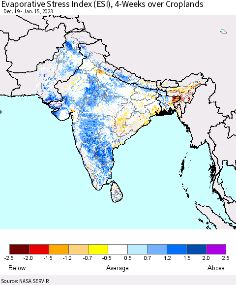 Southern Asia Evaporative Stress Index (ESI), 4-Weeks over Croplands Thematic Map For 1/9/2023 - 1/15/2023