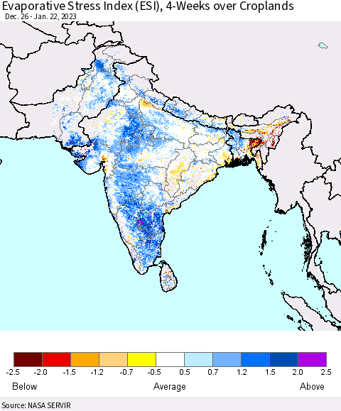 Southern Asia Evaporative Stress Index (ESI), 4-Weeks over Croplands Thematic Map For 1/16/2023 - 1/22/2023