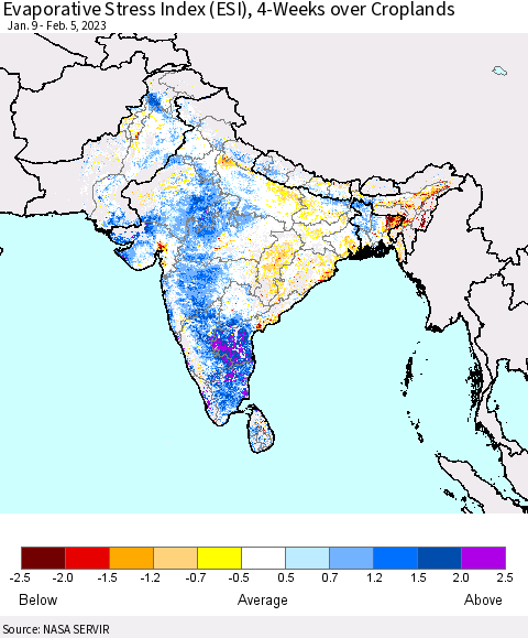 Southern Asia Evaporative Stress Index (ESI), 4-Weeks over Croplands Thematic Map For 1/30/2023 - 2/5/2023
