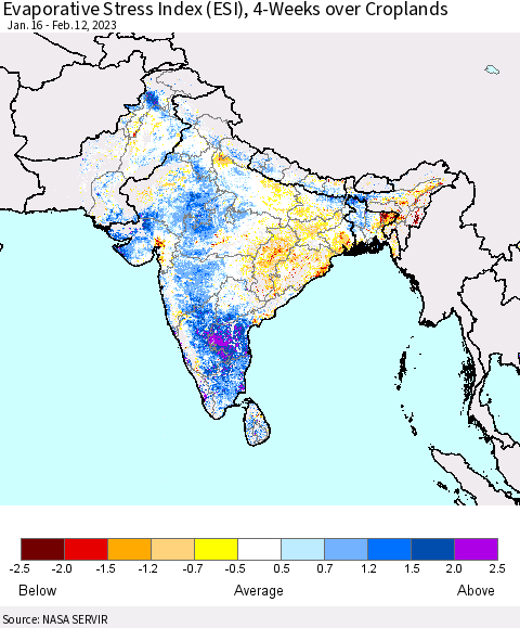 Southern Asia Evaporative Stress Index (ESI), 4-Weeks over Croplands Thematic Map For 2/6/2023 - 2/12/2023