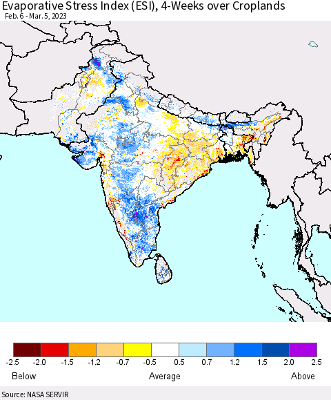 Southern Asia Evaporative Stress Index (ESI), 4-Weeks over Croplands Thematic Map For 2/27/2023 - 3/5/2023