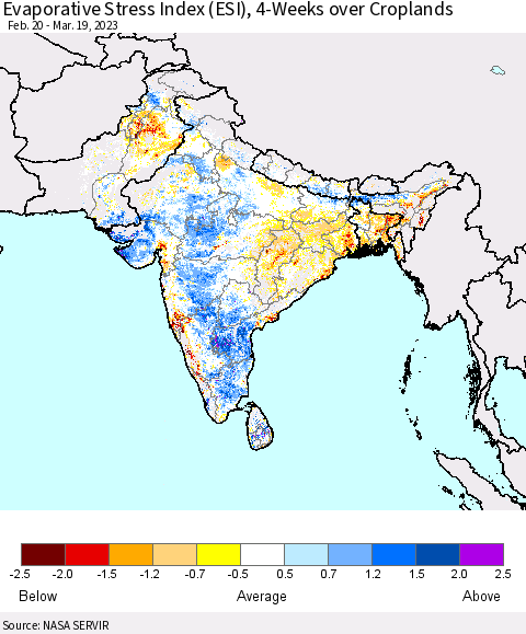 Southern Asia Evaporative Stress Index (ESI), 4-Weeks over Croplands Thematic Map For 3/13/2023 - 3/19/2023