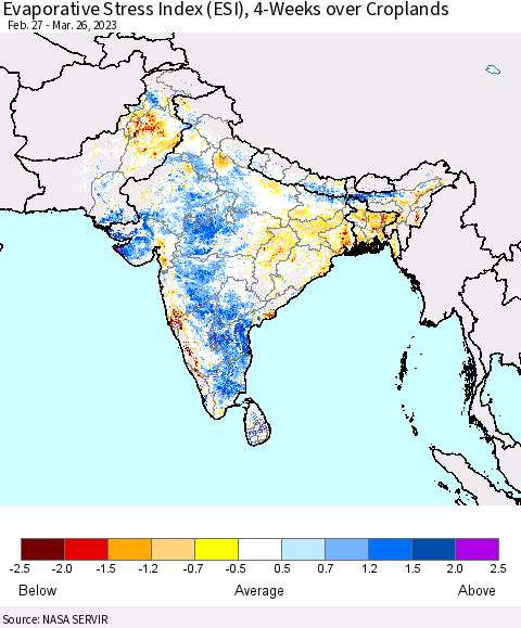Southern Asia Evaporative Stress Index (ESI), 4-Weeks over Croplands Thematic Map For 3/20/2023 - 3/26/2023