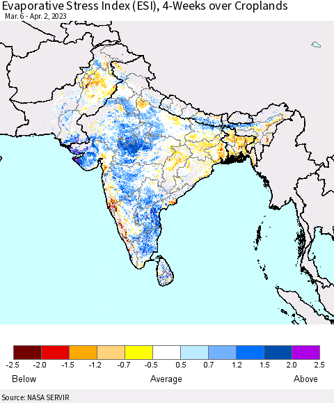 Southern Asia Evaporative Stress Index (ESI), 4-Weeks over Croplands Thematic Map For 3/27/2023 - 4/2/2023