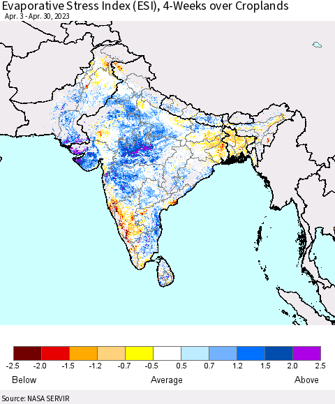 Southern Asia Evaporative Stress Index (ESI), 4-Weeks over Croplands Thematic Map For 4/24/2023 - 4/30/2023