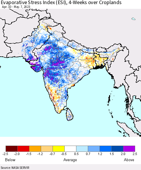 Southern Asia Evaporative Stress Index (ESI), 4-Weeks over Croplands Thematic Map For 5/1/2023 - 5/7/2023