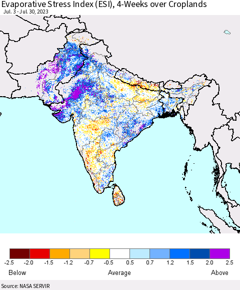 Southern Asia Evaporative Stress Index (ESI), 4-Weeks over Croplands Thematic Map For 7/24/2023 - 7/30/2023