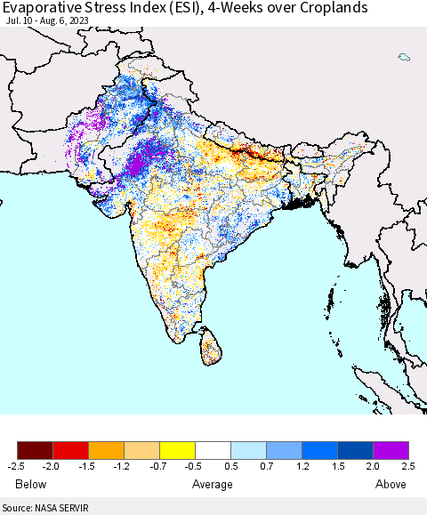 Southern Asia Evaporative Stress Index (ESI), 4-Weeks over Croplands Thematic Map For 7/31/2023 - 8/6/2023