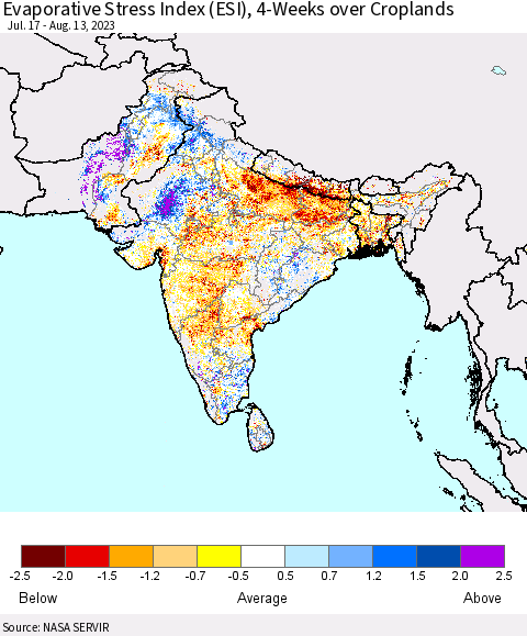 Southern Asia Evaporative Stress Index (ESI), 4-Weeks over Croplands Thematic Map For 8/7/2023 - 8/13/2023
